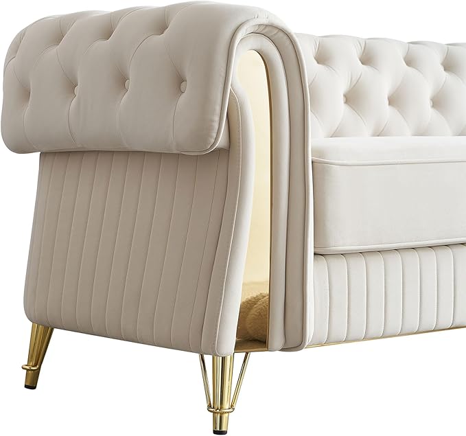 89 Sofa Couch Tufted Velvet Chesterfield Sofa Modern 3 Seat Sectional Couch with 2 Toss Pillows for Living Room Beige