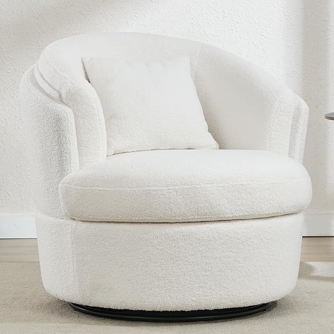 Swivel Accent Chair 360 Degree Round Swivel Barrel Chair with Pillow Widened Upholstered Boucle Chair Comfy Sherpa Barrel Armchair for Living Room Bedroom Reading Room White