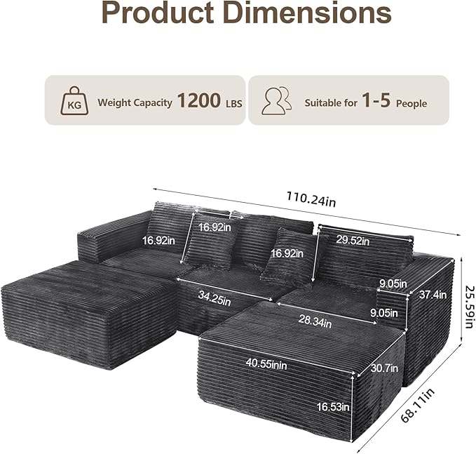110 Modular Boneless Sectional Couch Corduroy Cloud Sofa with 2 Ottomans 3-5 Seater U-Shaped Memory Foam Sofa for Living Room Deep Seats No Assembly Gery