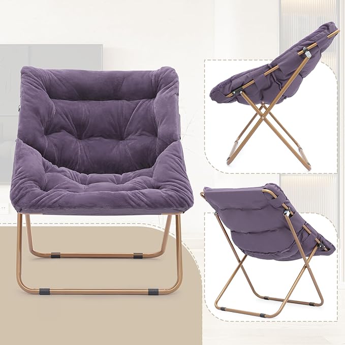 Athena Collection Comfy Saucer Chair and Ottoman Set for Adult Comfortable Faux Fur Square Oversize Folding Reading Chair with Metal Leg Lazy and Cozy for Bedroom Living Room Purple