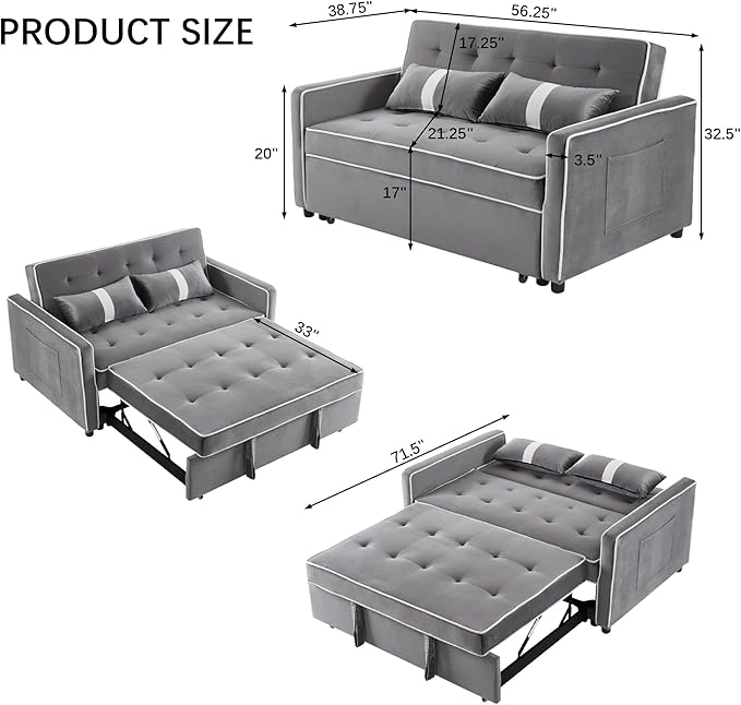 Convertible Velvet Sofa Bed with Pull-Out Bed &amp Side Storage Pockets Modern Sleeper Sofa for Living Room Apartment Small Spaces and Bedroom (Grey-1)