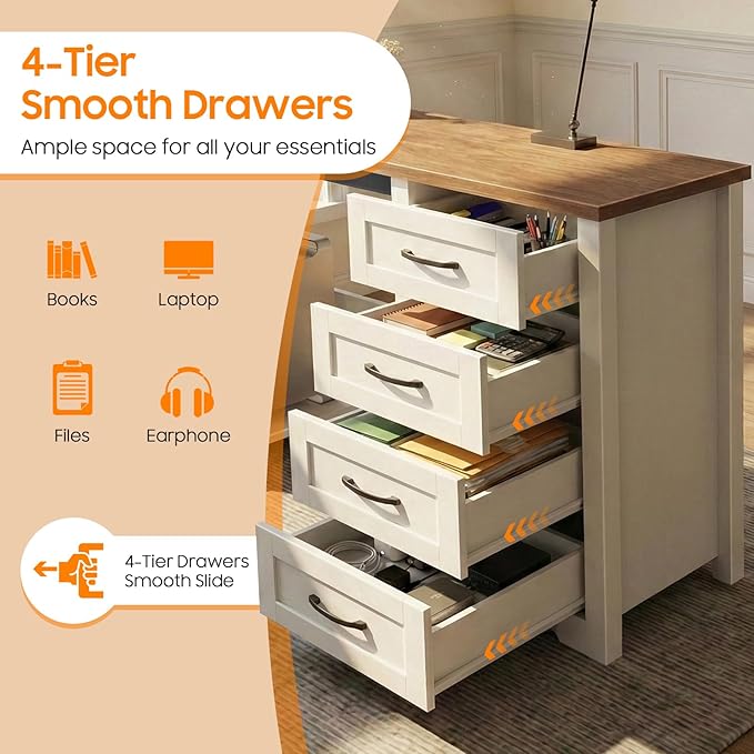 Vabches 61”Farmhouse L Shaped Executive Desk with Drawers Corner Computer Desk with Mobile CPU Stand Wood Writing Computer Desk for Work Study