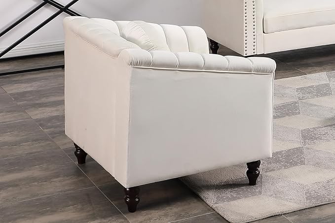 Chesterfield Chair Couch 40 Inch Luxurious Velvet Single Chair Chesterfield Settee Sofa Upholstered Rolled Arm with Rivets/Button Tufted Pillow Modern Sofa for Living RoomWhite