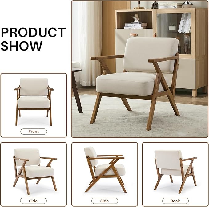 Mid-Century Modern Chair Upholstered Lounge Arm Chair with Solid Wood Frame Thicker Cushion for Living Room Reading Balcony Beige Linen