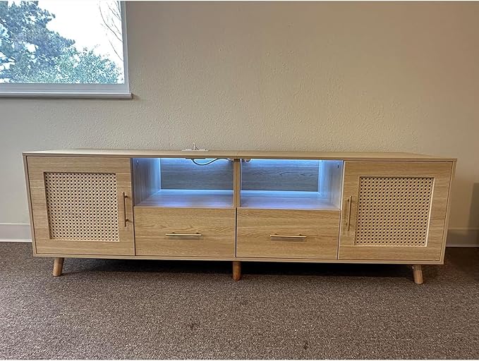 Rattan TV Stand for 70 Inch TV 63 Modern Entertainment Center with LED Light &amp Storage Shelves 2 Drawers and Cabinets Rattan Door Boho TV Stand with Outlet for Living Room Wood