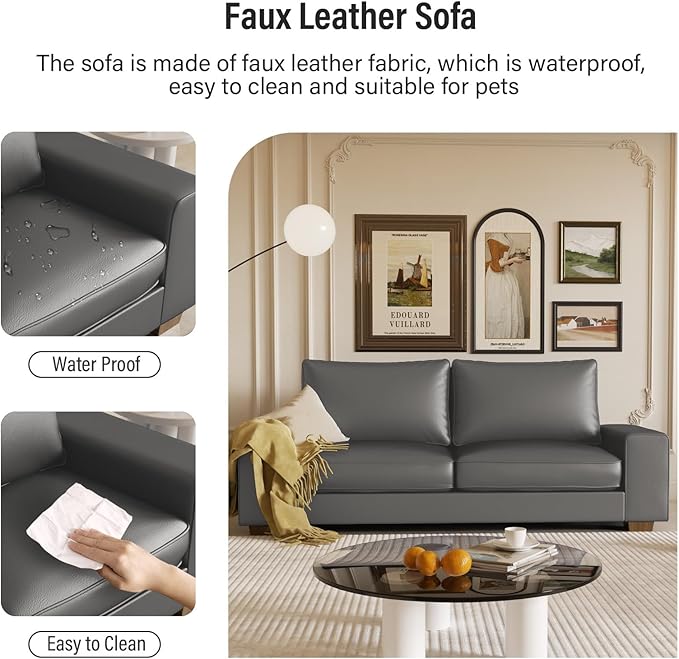Faux Leather Couch Mid Century Modern Comfy Loveseat Sofa with Wide Arm Side Pockets Solid Wooden Frame for Office Living Room and Bedroom 2 Seater (Gery 71.25 Inches)