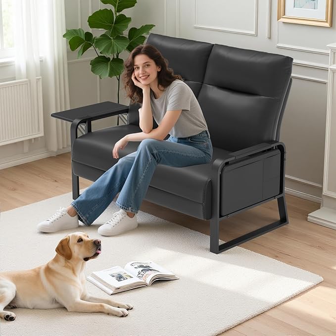 Faux Leather Loveseat Couch for Living Room Bedroom Office Small Sofa 2 Seater Couch with Flip Up Tray Table Side Pockets Leather Loveseats Black