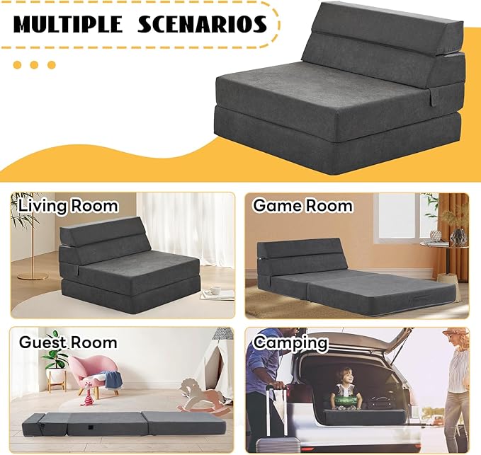jela Foldable Sofa Bed Large Soft Foam Convertible Sleeper Chair Luxury Miss Fabric Fold Out Chair Bed Floor Couch with Back Support Floor Sofa for Living Room Bedroom (83x33Dark Gray)