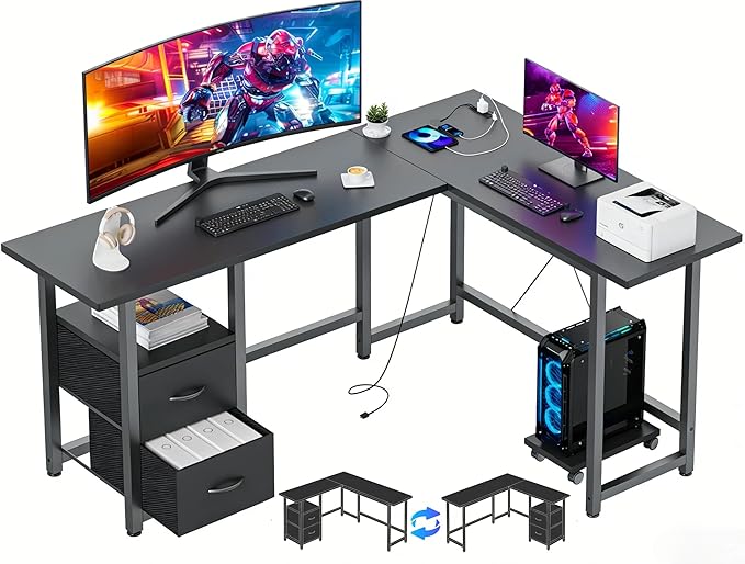 Gizoon 66 L Shaped Gaming Desk with Large Drawers Reversible Corner Desk with Power Outlets &amp Moveable CPU Stand Home Office Computer Desk Black
