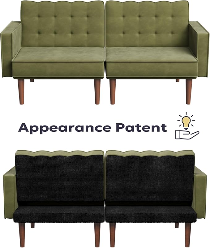 71 Velvet Futon Sofa Bed Versatile Loveseat Couch Sleeper Sofa with Adjustable Backrest Mid Century Modern Futon Couch for Small Space Living Room Office &amp Apartment Velvet Fabric Green