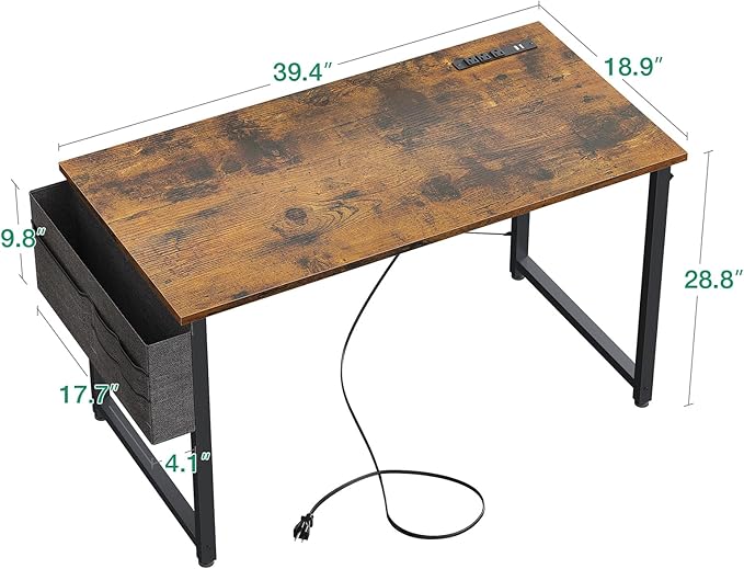 AODK 40 inch Small Computer Desk with Power Outlet for Small Spaces Home Office Student Laptop PC Writing Desks with Storage Bag Headphone Hook Vintage