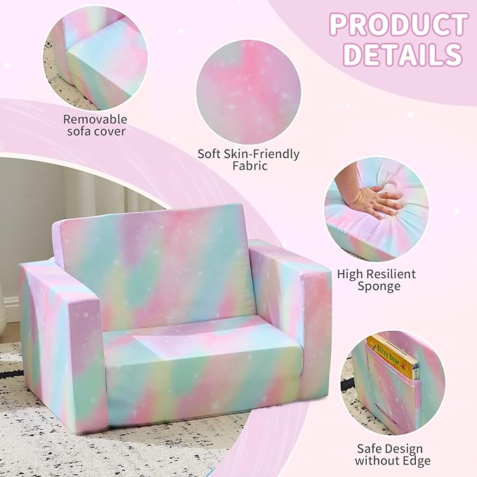 2 in 1 Fabric Foldable Sofa BedAll-Sponge Single Chaise Lounge SofasComfy Convertible Sofa to BedPortable Floor Chair Bedswith Armrestfor Living Room Bedroom Apartment (Print Slant Peach)