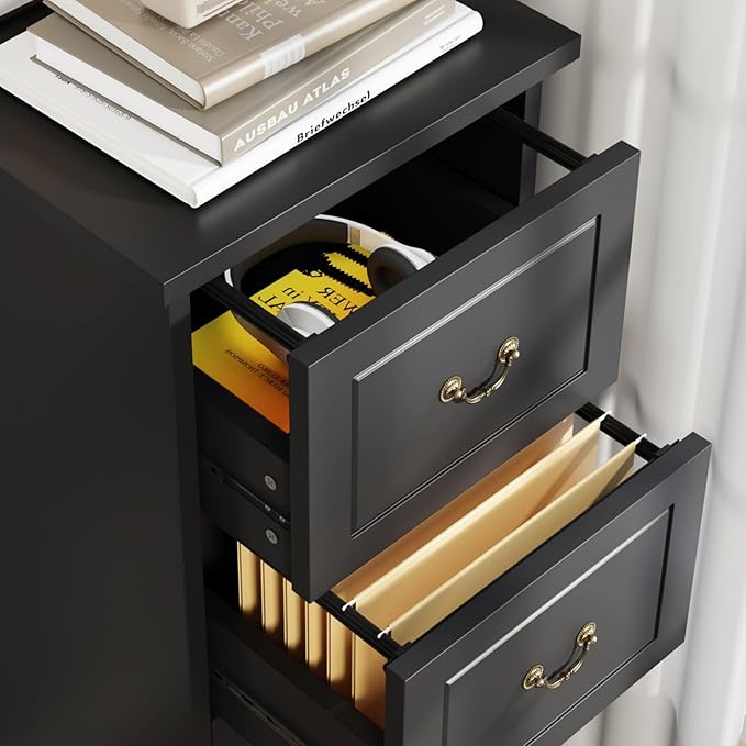Tribesigns 4-Drawer File Filing Cabinet Vertical File Cabinet Office Wood Filing Cabinet for A4 / Letter Size Narrow Tall File Storage for Home Office Black