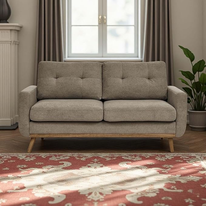 67.7 Mid-Century Modern Loveseat Sofa 2-Seat Mini Upholstered Love Seat Couch Comfy Small Couch with Wooden Legs and Tufted Back for Living Room Bedroom Office Apartment(Khaki)
