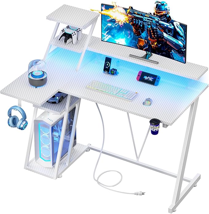 40 Inch White Gaming Desk with LED Lights &amp Power Outlet Small Gaming Computer Desk with Storage Shelves L Shaped Gamer Workstations with Monitor Stand for Bedroom