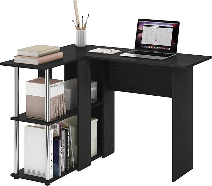 Furinno Abbott L-Shape Desk with Bookshelf Americano/Chrome