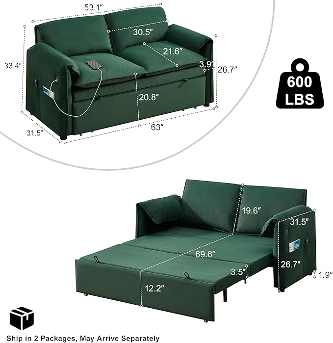 63 Velvet Pull Out Sofa Bed 3-in-1 Convertible Futon Loveseat Queen Sleeper Sofa Couch Bed with Adjustable Backrest USB Ports &amp Side Pockets Modern Sofas for Living Room Apartment Green