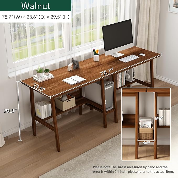 2-Person Writing Desk with Bookshelf - 79 Wooden Extra Long Home Office Work Table Double Study Computer Workstation with Storage Shelves in Walnut 79 W x 24 D