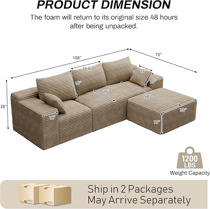 108 L Shaped Boneless Sectional Couches for Living Room Comfy Sectional Couches Deep Seat Modular Sofa Cloud Fluffy Couch with Movable Ottoman No Assembly Needed Light Brown