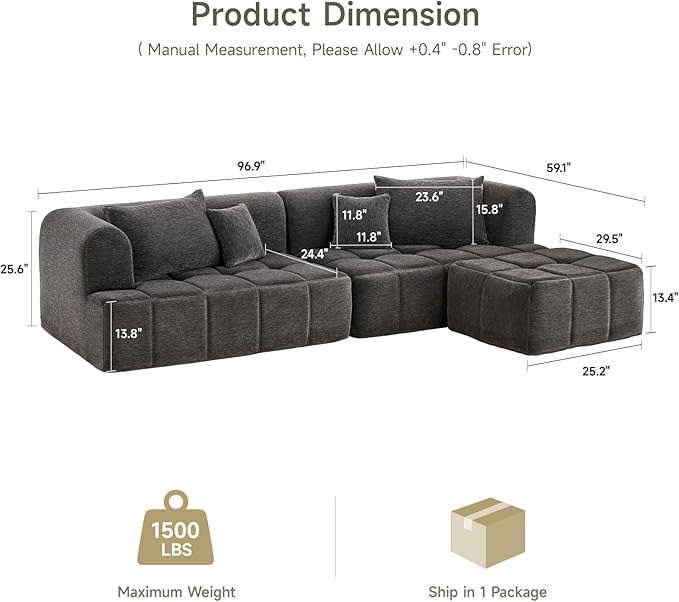 ONBRILL 97” Modular Sectional Sofa with Deep Seat Cloud Sectional Couch with L-Shape ChaiseChenille Upholstered Couches for Living Room Bedroom ApartmentsNo Assembly Required