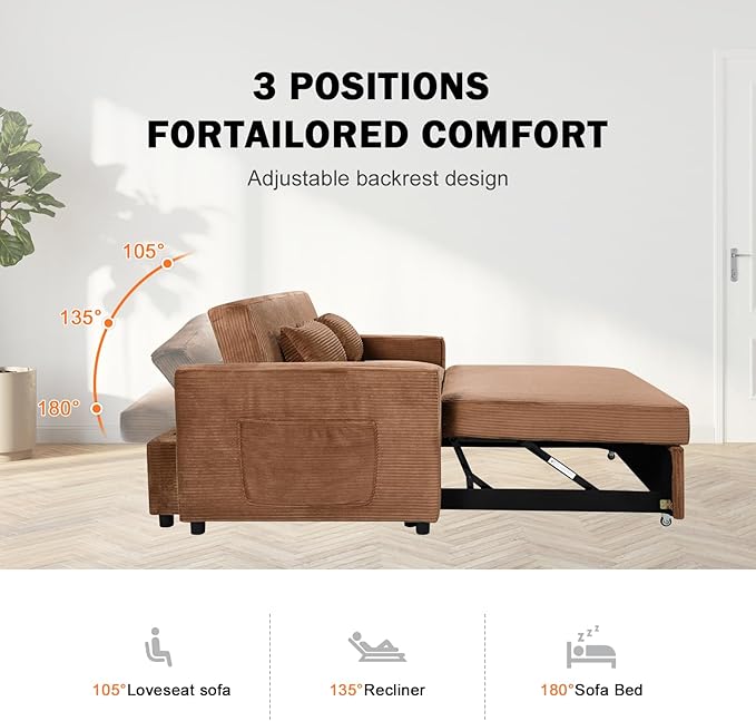 Sleeper Sofa with Pull Out Sofa BedCorduroy Futon Sofa Bed with 3 Level Adjustable Backrest &amp Storage Pockets and 2 Toss PillowsModern Couch Bed for Living RoomBedroom（Brown）