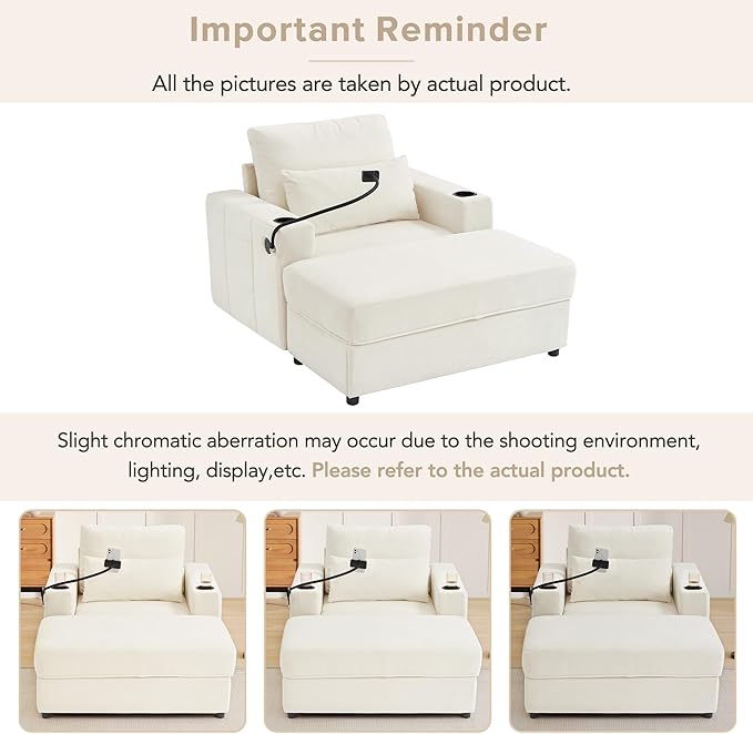 42.5 Oversized Armchair with Ottoman Storage Overstuffed Chair and a Half with Cup Holders &amp USB Port Chenille Accent Chairs for Bedroom Living Room Reading Phone Holder Side Pocket (Beige)