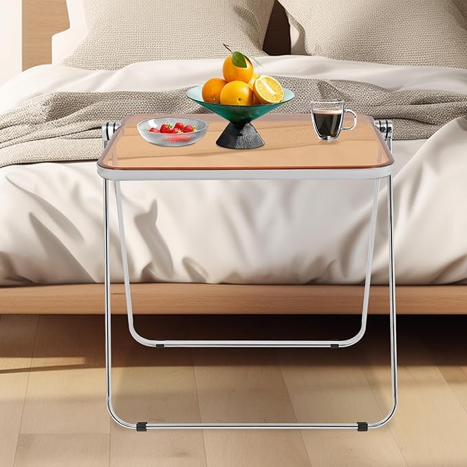 Folding Table Clear Foldable Side Table &amp Tiny Desk for Home Office - No Assembly Required Small Computer Desk with Sturdy Metal Frame for Living Room Bedroom Small Spaces