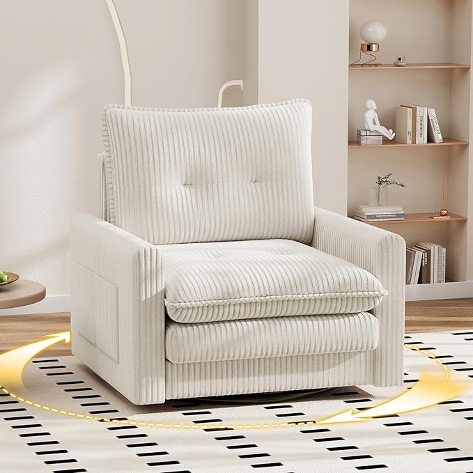 Cozy Swivel Accent Chair Modern Oversized Single Sofa with Armrest Comfy Upholstered Armchair Sofa Large Corduroy Accent Chair for Living Room Bedroom Reading Room Cream Beige