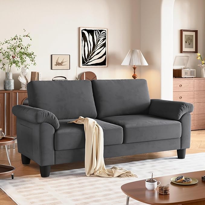 Vesgantti 70 Living Room Couch Sofa Mid Century Modern Loveseat Velvet Deep Couches for Small Spaces Bedroom Apartment Office Removable Sofa Cover Spring Cushions Easy to Install Grey