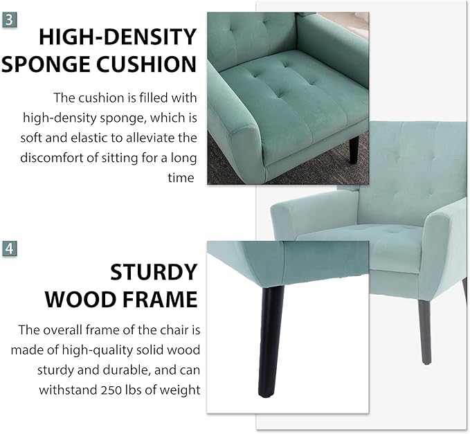 Dolonm Midcentury Modern Velvet Accent Chair with Arms Upholstered Reading Side Chair Tufted Back Decorative Wingback Chair for Living Room Bedroom (Mint Green)