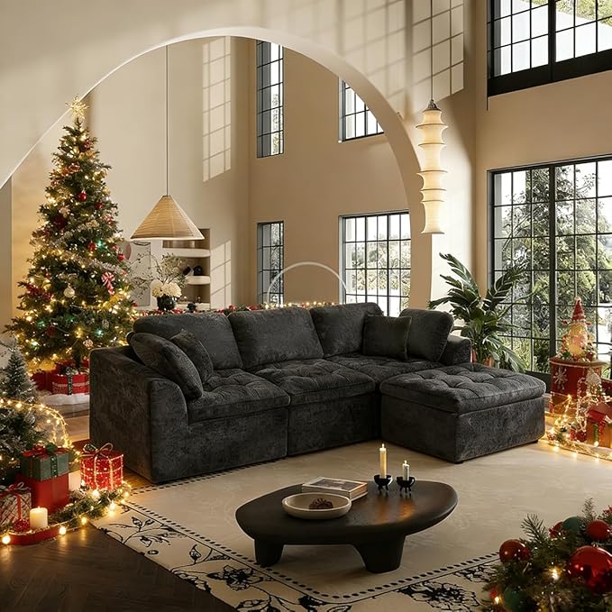 110 Cloud Sectional Couch for Living Room Upholstered L-Shape Modular Sofa with Movable Ottoman 3-Seater Deep-Seat Foam Couch Comfortable Convertible Sectional for Home &amp Apartment（Black）
