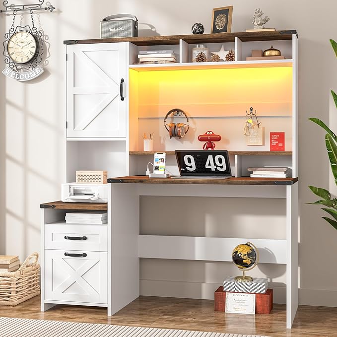 Vabches 51 Executive Desk Farmhouse Home Office Desk with Charging Station LED Light File Drawer Storage Cabinet Monitor Stand Wood Computer Desk with Hutch for Work Study Writing (White)