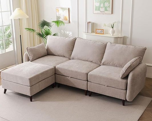104'' Modular Sectional Sofa with All Seats Storage Oversized L Shaped Couch for Living Room3-Seater Comfy Cloud Couches with Movable OttomanBig Sectional for BedroomVeletKhaki