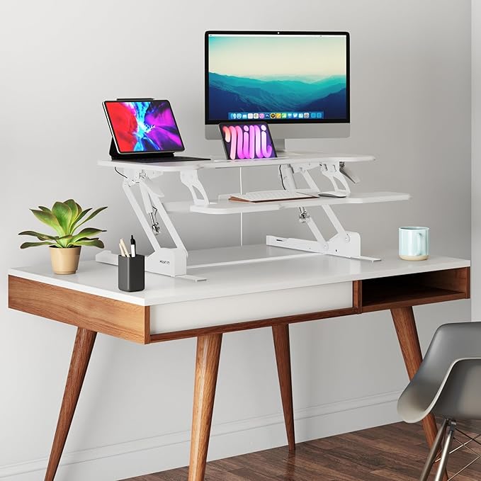 Mount-It! Standing Desk Converter White 38” Wide Height Adjustable Stand Up Desk Riser Desk Topper with Gas Spring Desktop Standing Desk with Keyboard Tray Fits Two Monitors