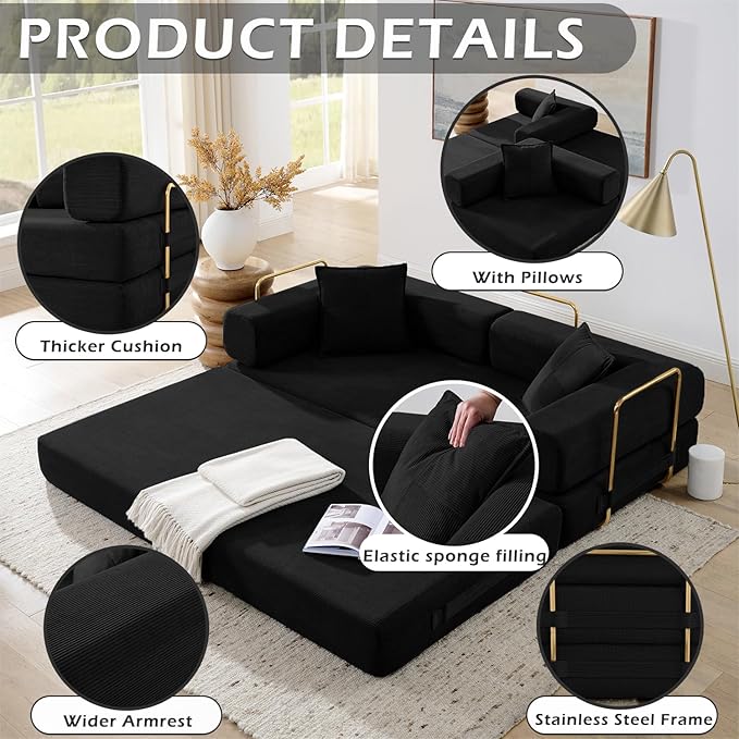 4-in-1 Folding Convertible Floor Sofa Bed 78 Oversized Compression Sofa No Assembly Required King Futon Lazy Couch Corduroy Loveseat Sleeper with Pull Out Bed Modular Futon Couch