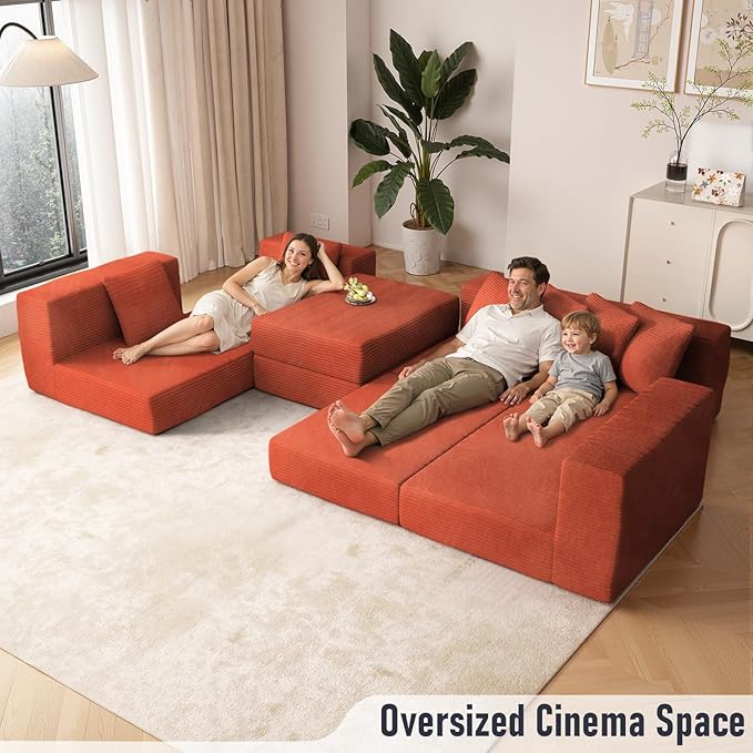 102 Upgraded L-shaped Modular Sectional Couches for Living Room Convertible Oversized Sleeper Sofa Bed-Luxury 1.5 Queen Bed. 11-in-1 Multifunctional Corduroy Boneless Folding Futon Couch Orange.