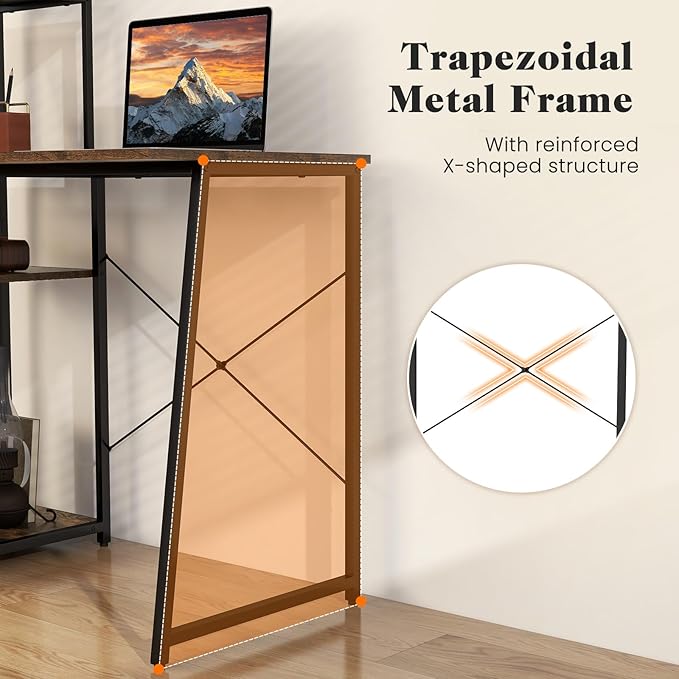 Tangkula Computer Desk with Shelves Space Saving Home Office Desk with 3-Tier Ladder Shaped Storage Bookshelf Modern Writing Study Desk with Metal Frame Compact Computer Workstation (Rustic Brown)