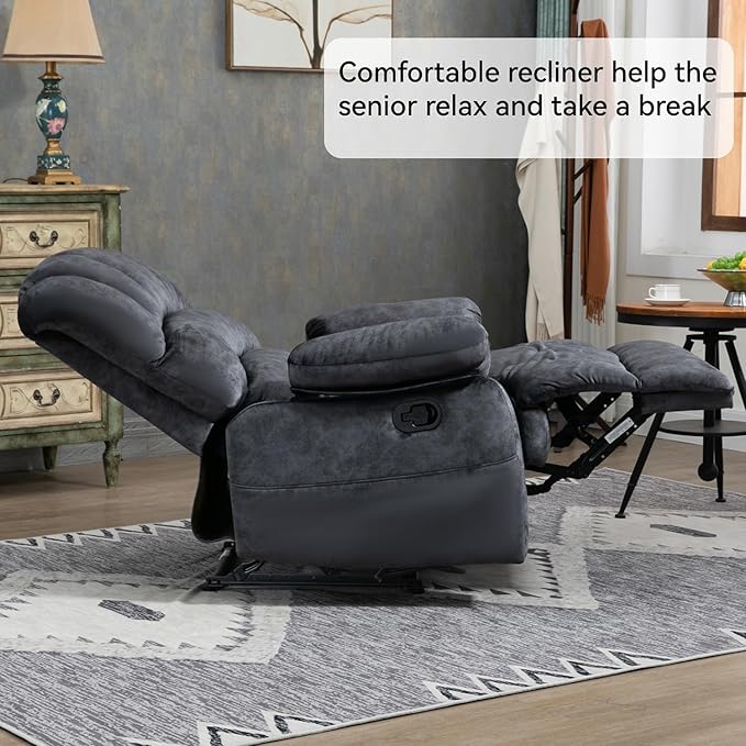 Manual Recliner Chair with Adjustable Recline for Living Room Oversized Lazyboy Recliner Chairs with Overstuffed Arm &amp Back Comfy Soft Fabric Lounge Single Sofa for Adults (Grey)