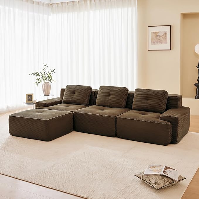 117 Modern Corduroy Cloud Sofa with Ottoman L Shaped Boneless Modular Large Sectional Couches for Living Room Brown 3 Seater Compressed Memory Foam Couch Extra Deep Seat No Assembly