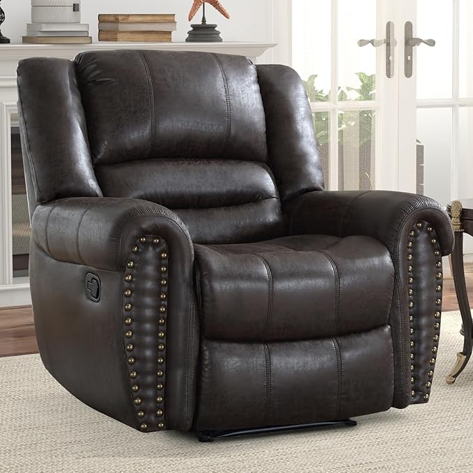 INZOY Leather Recliner Chair Heavy Duty Manual Reclining Sofa Single Lounge Sofa for Living Room Home Theater Seating Dark Grey