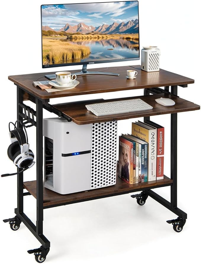 Portable Computer Desk Rolling Laptop Cart with Shelf &amp Hooks Small Home Office Desk for Small Spaces Study Table with Wheels