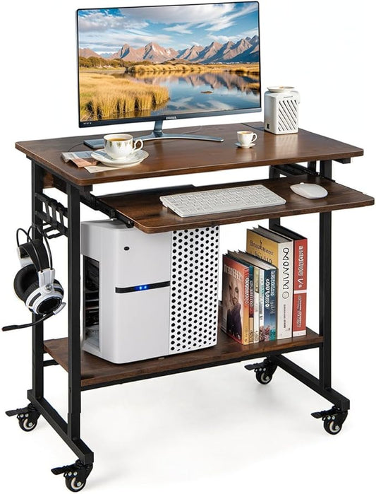 Portable Computer Desk Rolling Laptop Cart with Shelf &amp Hooks Small Home Office Desk for Small Spaces Study Table with Wheels