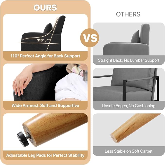 Magshion Mid-Century Accent Chair for Living Room Comfy Reading Chair for Bedroom Upholstered Linen Fabric Armchair Single Sofa with Back Pillow &amp Wood Legs 300 lbs Capacity Black