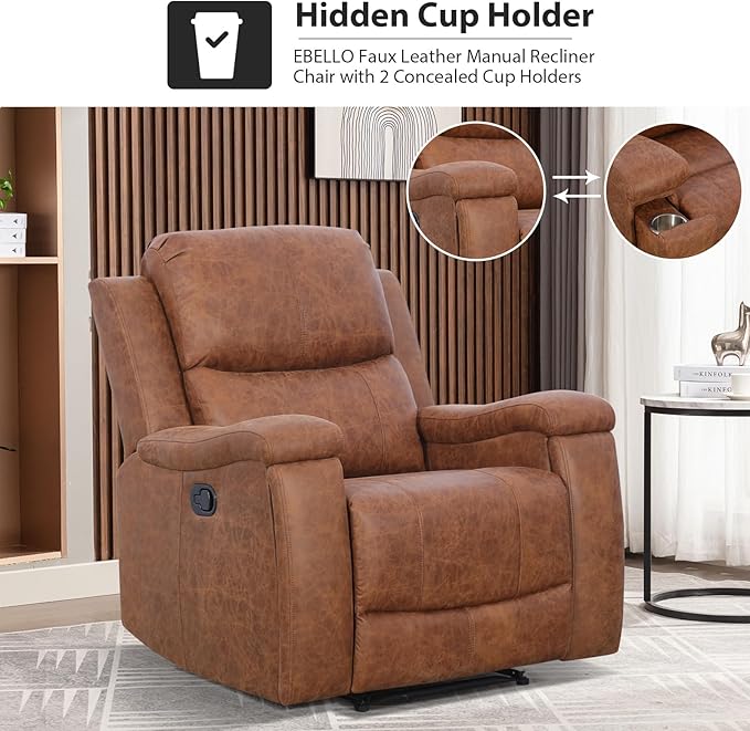 Brown Recliner Chair Single Overstuffed Sofa Recliners Breathable Faux Leather Manual Reclining Chairs with Hidden Cup Holder Arm and Back for Adults Living Room Bedroom Brown