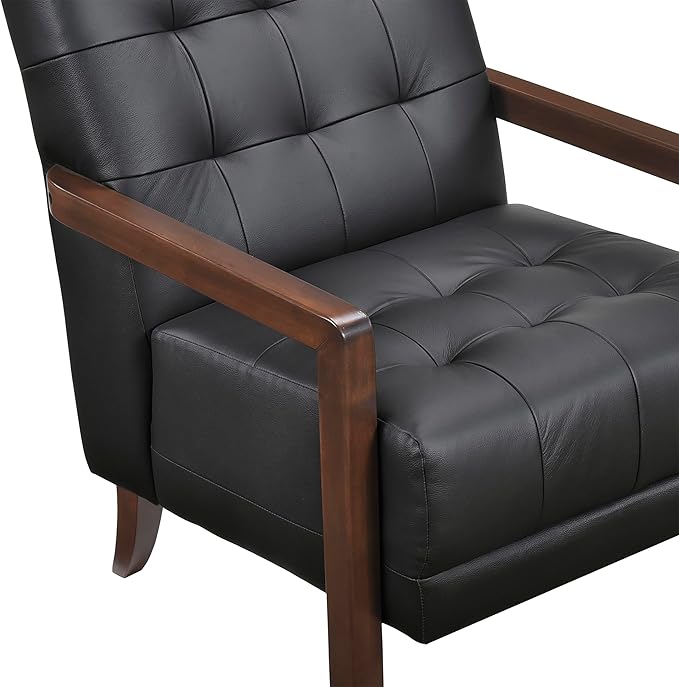 Lexicon Modern Accent Chair Luxury Genuine Leather Match Living Room Chair with Tufted Cushions Solid Wood Frame and Arm Rest Comfy Upholstered Single Seat for Bedroom/Reading/Office Black
