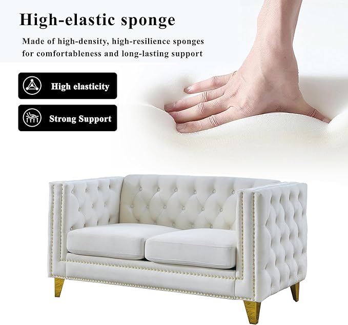 58 Chesterfield Velvet 2-Seater Sofa for Living RoomLoveseat Tufted Couch with Rolled Arms Nailhead and Two Pillows for Living RoomBeige