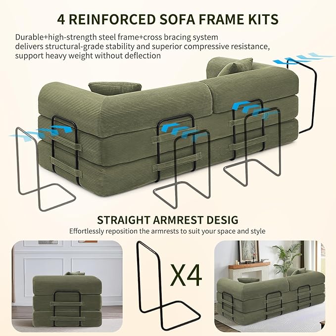 Convertible Sleeper Sofa Bed 1600lbs Weight Capacity Floor Sofa Bed with Fixed-Shape Frame Corduroy Foldable Couch for Small Space Lounge Mattress for Living Room Apartment Game Room (Green)