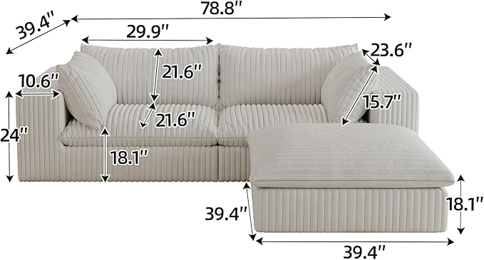 78.8 Modular Cloud Couch L Shaped Boneless Sectional Sofa with 1 Ottoman &amp 2 Deep Seat No Assembly Required Corduroy Soft Sectional Couches for Living Room Bedroom White