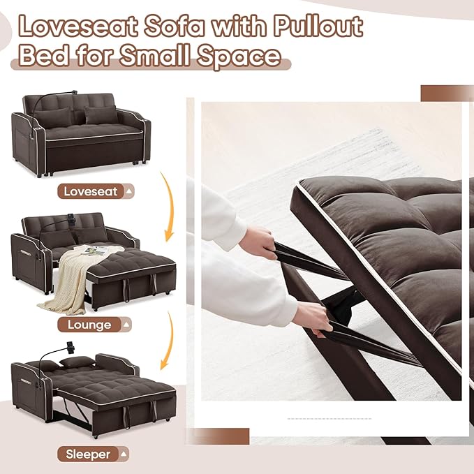 Antetek Sleeper Sofa Couch Bed with USB &amp Type C Port Modern 3-in-1 Convertible Velvet Pull Out Loveseat Futon Sofa w/Phone Holder/Cup Holder for Living Room Apartment Adjustable Backrest Coffe