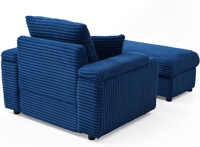43.3 W Oversized Corduroy Chaise Lounge Chair Comfy Sleeper Sofa with Cup Holder and Storage Ottoman 3 Throw Pillows Included Deep Seat Upholstered Reading Chair for Living Room (Blue)